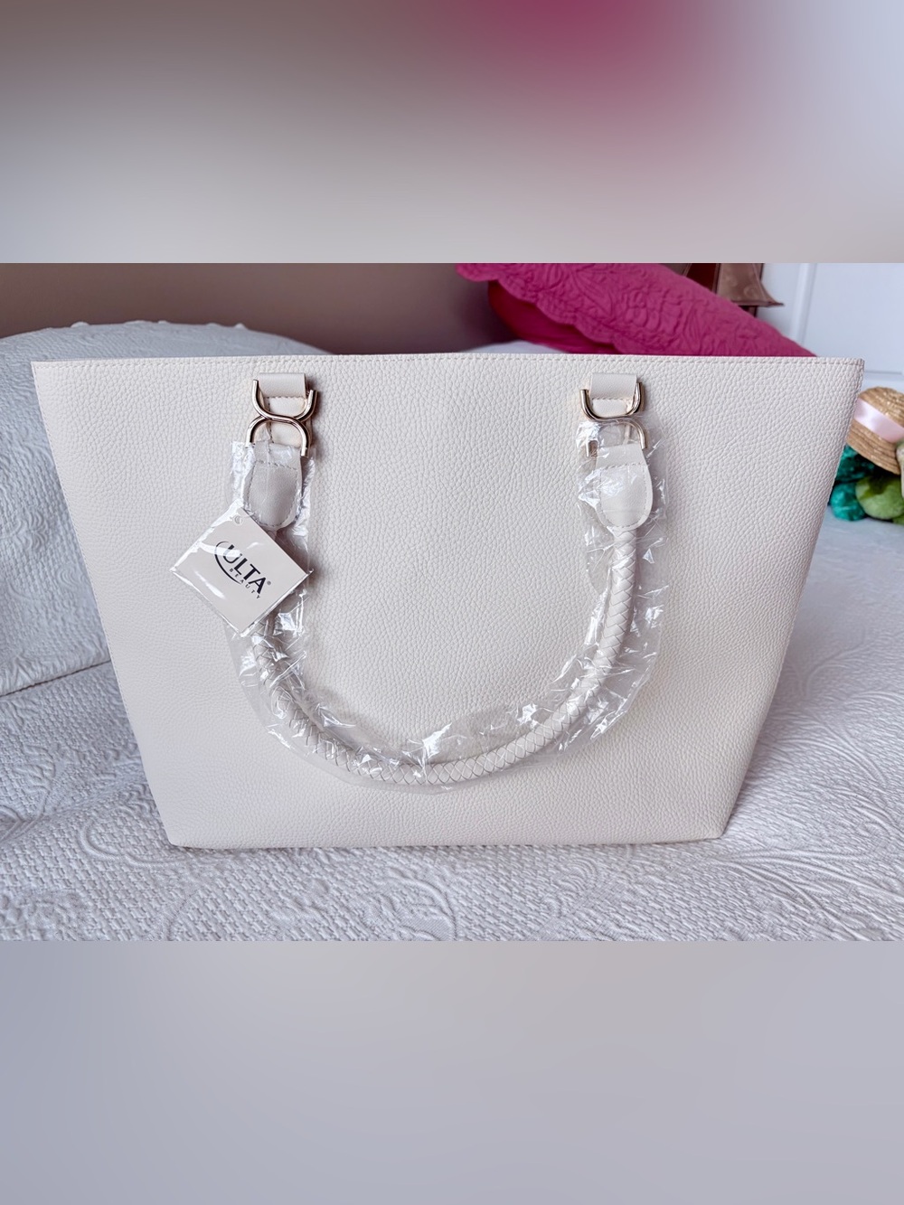 Ulta Beauty White Tote with Braided Handles and Gold-Tone Hardware